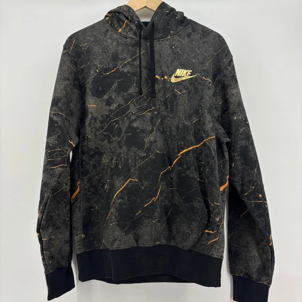 Nike Mens NSW Club Hoodie Small Black Gold Marble Print Pullover DO6174-010